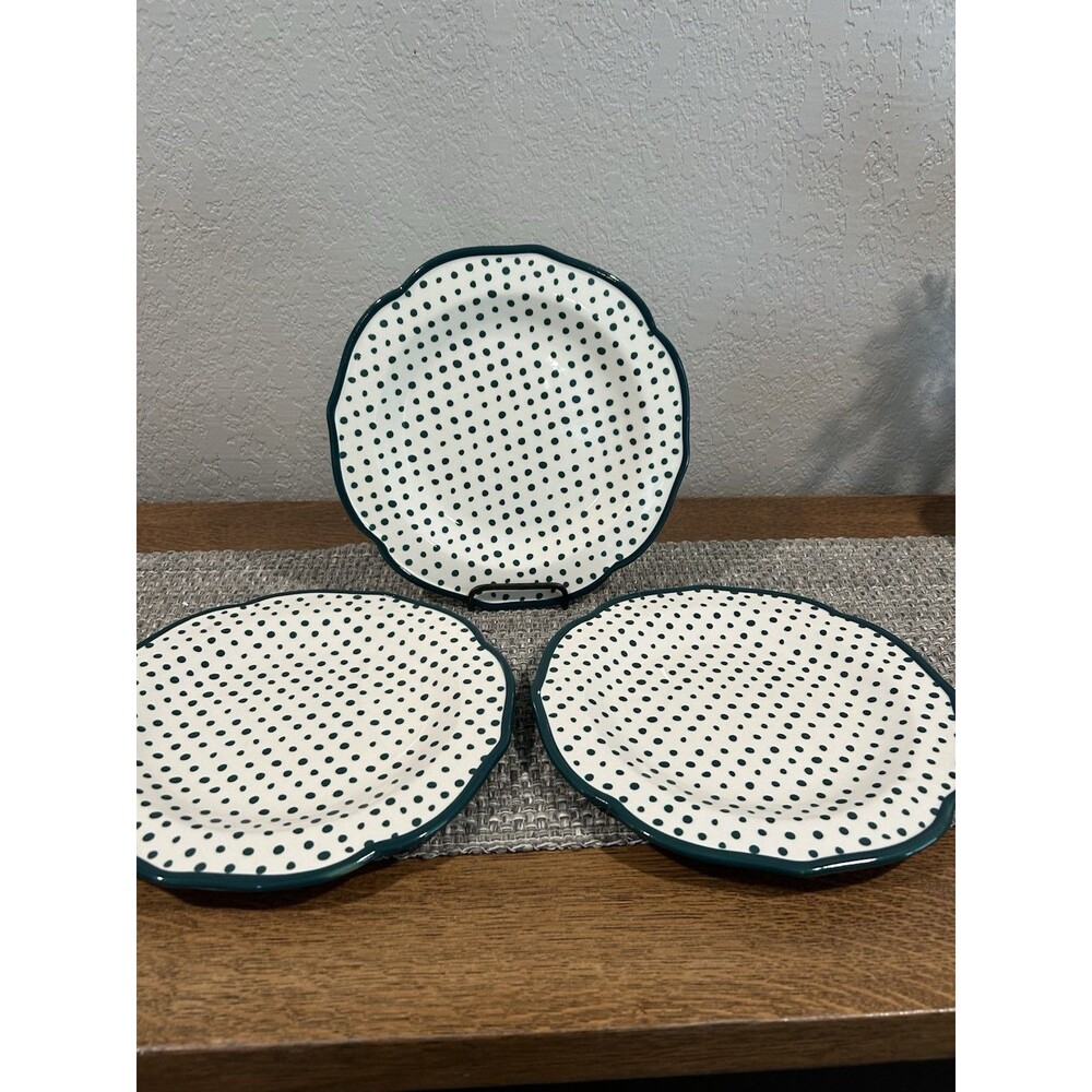 Pioneer Woman Retro Dot Dinner Plates Set Of 3 Dark Green 10.5” Diameter